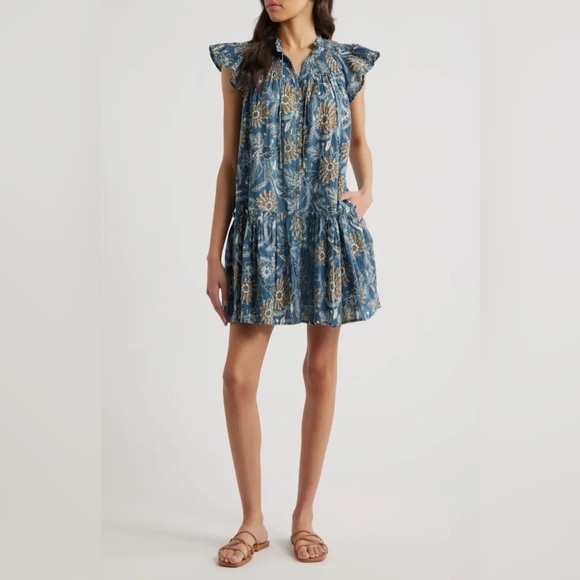 Cleobella Lydia Blue Gold Organic Cotton Flutter Sleeve Mini Babydoll Dress - Picture 16 of 16